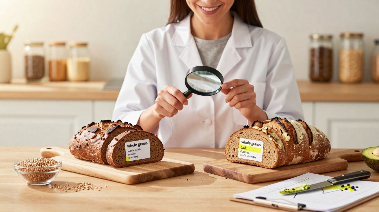 Investigadora analisa dois tipos de pão integral com lupa numa cozinha luminosa.