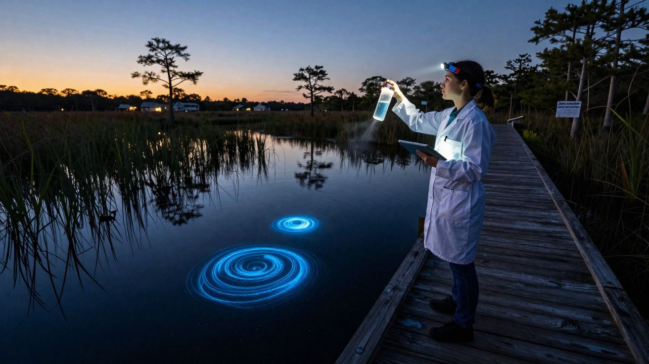 Investigadora com bata a ver fenómenos luminosos azuis na água de lago ao entardecer.