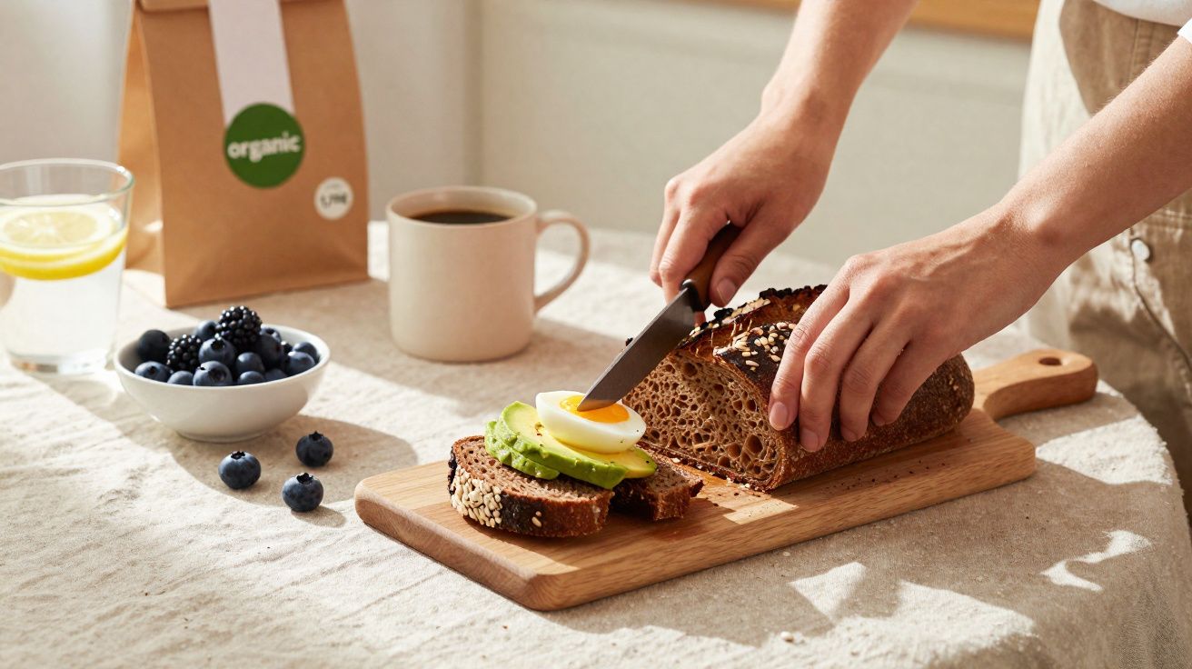 Pessoa a cortar pão de centeio com abacate e ovo num pequeno-almoço com café, mirtilos e água com limão.