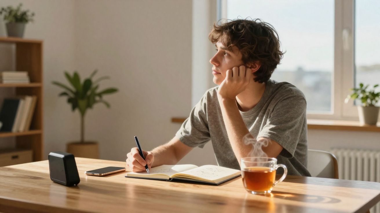 Jovem sentado a escrever num caderno numa mesa com chá, smartphone e despertador numa sala iluminada.