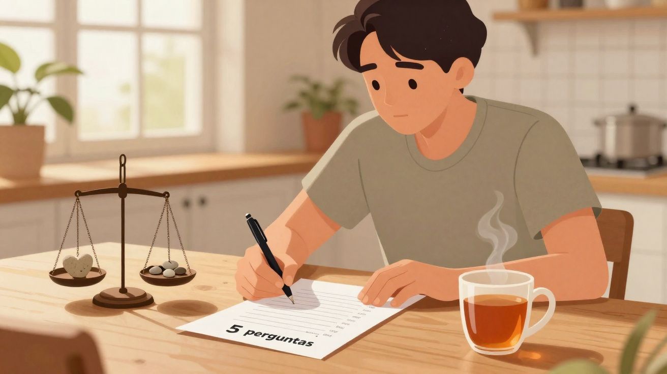 Homem sentado a escrever cinco perguntas num papel, com chá e balança numa mesa de madeira.