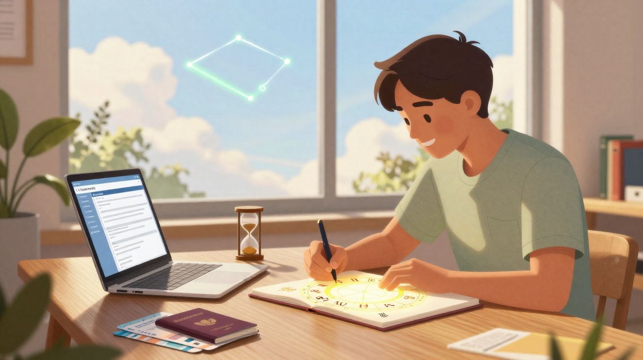 Jovem a estudar astrologia, com livro iluminado e laptop aberto numa mesa junto à janela.