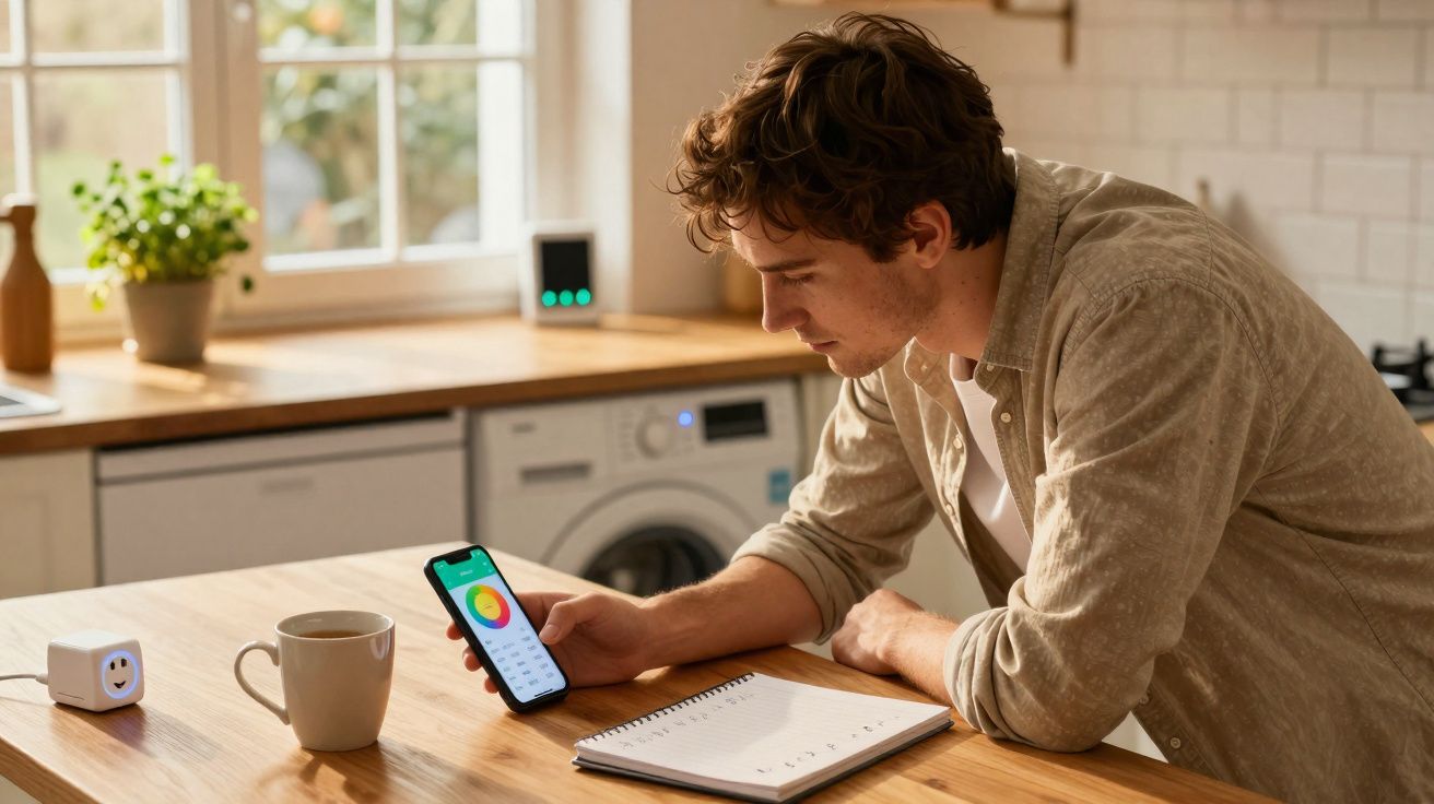 Jovem consulta aplicação de gestão de energia no telemóvel numa cozinha, com caderno e chávena na mesa.
