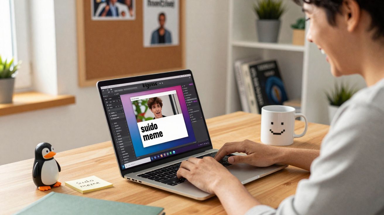 Pessoa a trabalhar num laptop numa mesa com caneca sorridente e figura de pinguim, mostrando texto "suido meme".