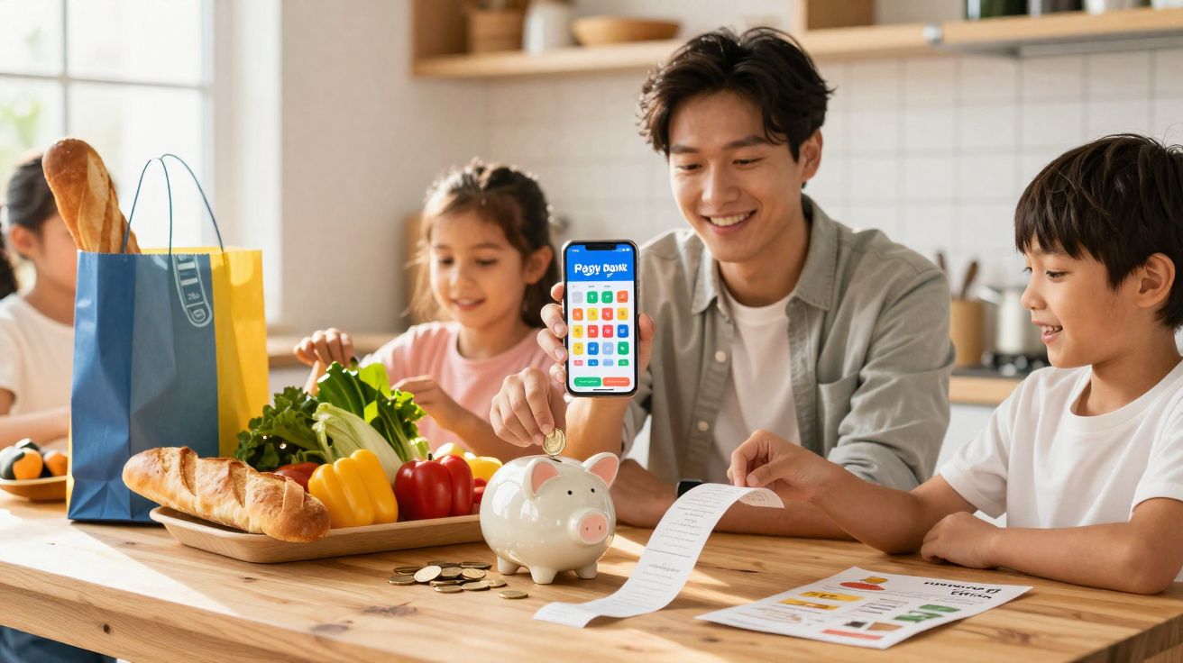 Pai mostra aplicação de pagamentos no telemóvel enquanto dois filhos juntam moedas numa mealheiro na cozinha.