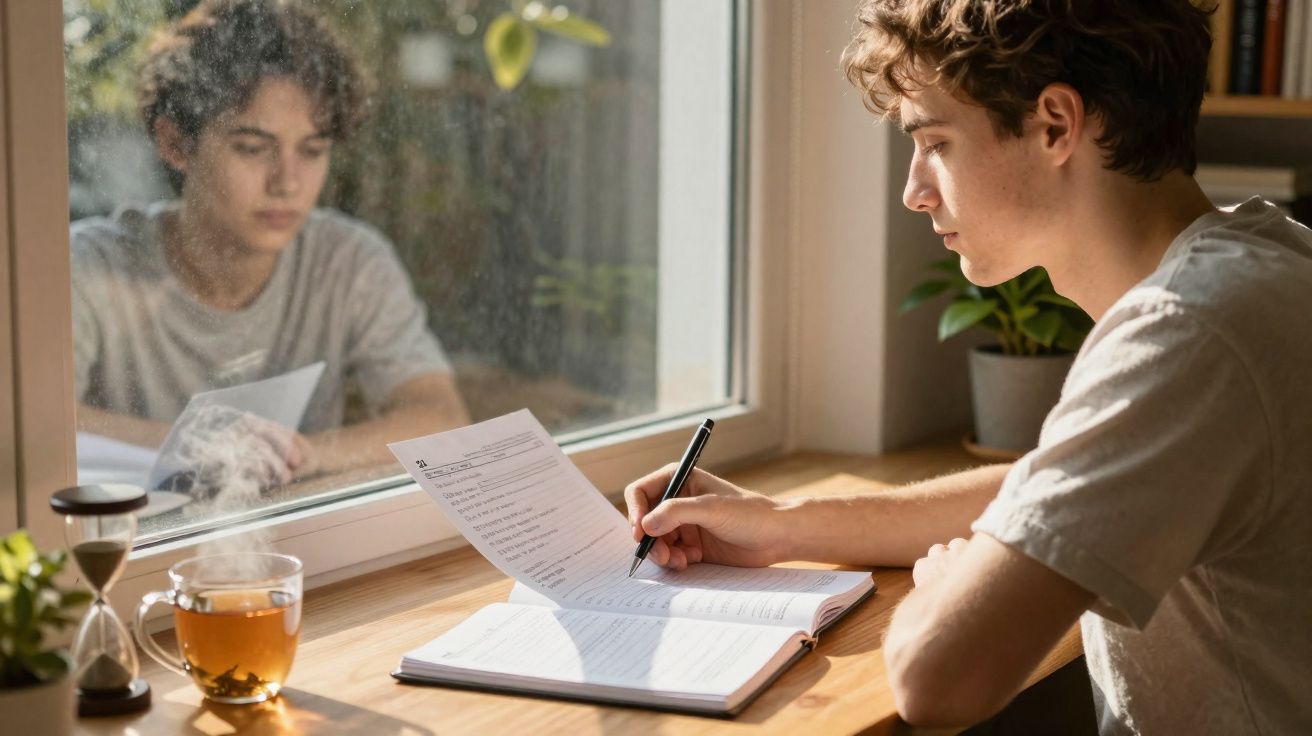 Jovem a estudar junto a uma janela com chá, planta e ampulheta na secretária iluminada pela luz natural.