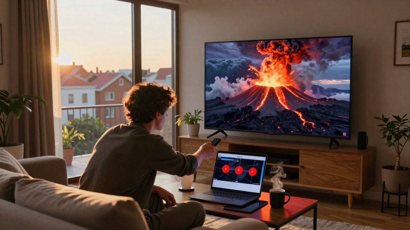 Homem sentado no sofá a controlar TV que mostra erupção vulcânica, com computador e chá numa sala confortável.