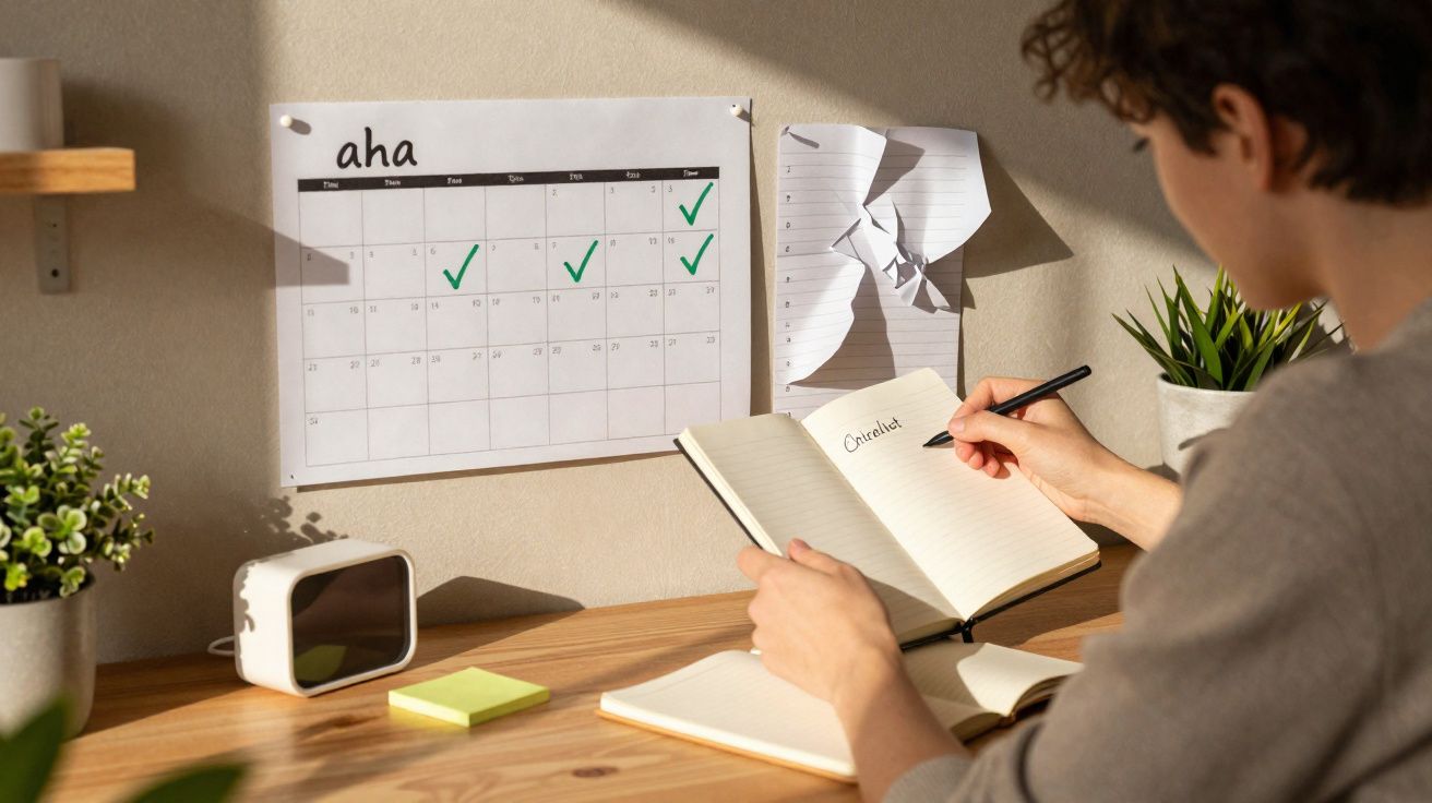 Pessoa a escrever "Critérios" num caderno, com calendário e plantas num ambiente de estudo iluminado.