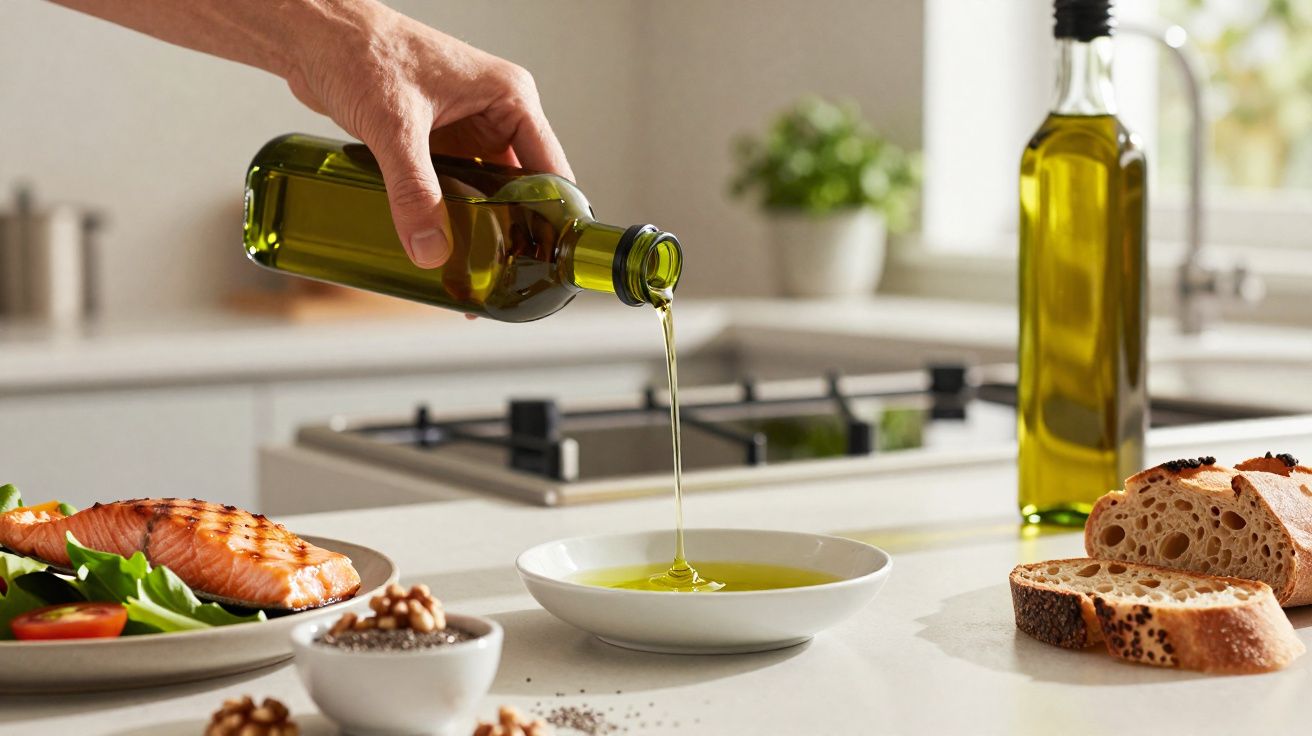 Pessoa a verter azeite num recipiente branco, com salmão grelhado, pão e nozes na mesa da cozinha.