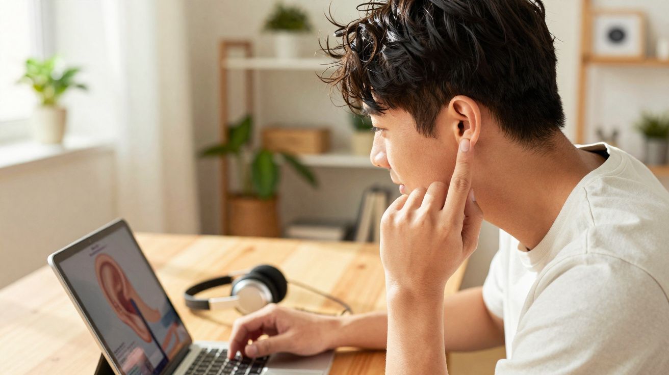 Homem jovem sentado a usar portátil com imagem anatómica da orelha na tela, headphones sobre a mesa.