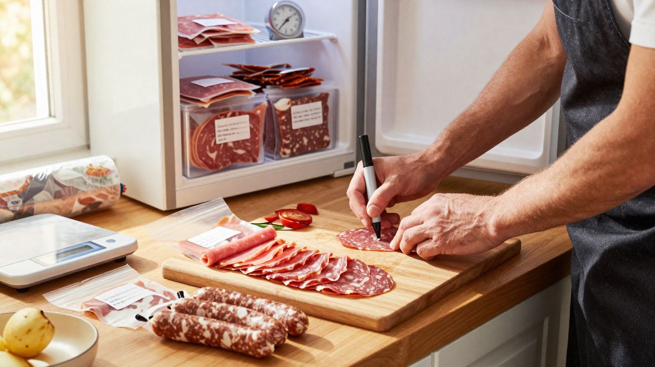 Pessoa a etiquetar fiambre fatiado numa tábua de madeira numa cozinha com vários enchidos embalados.