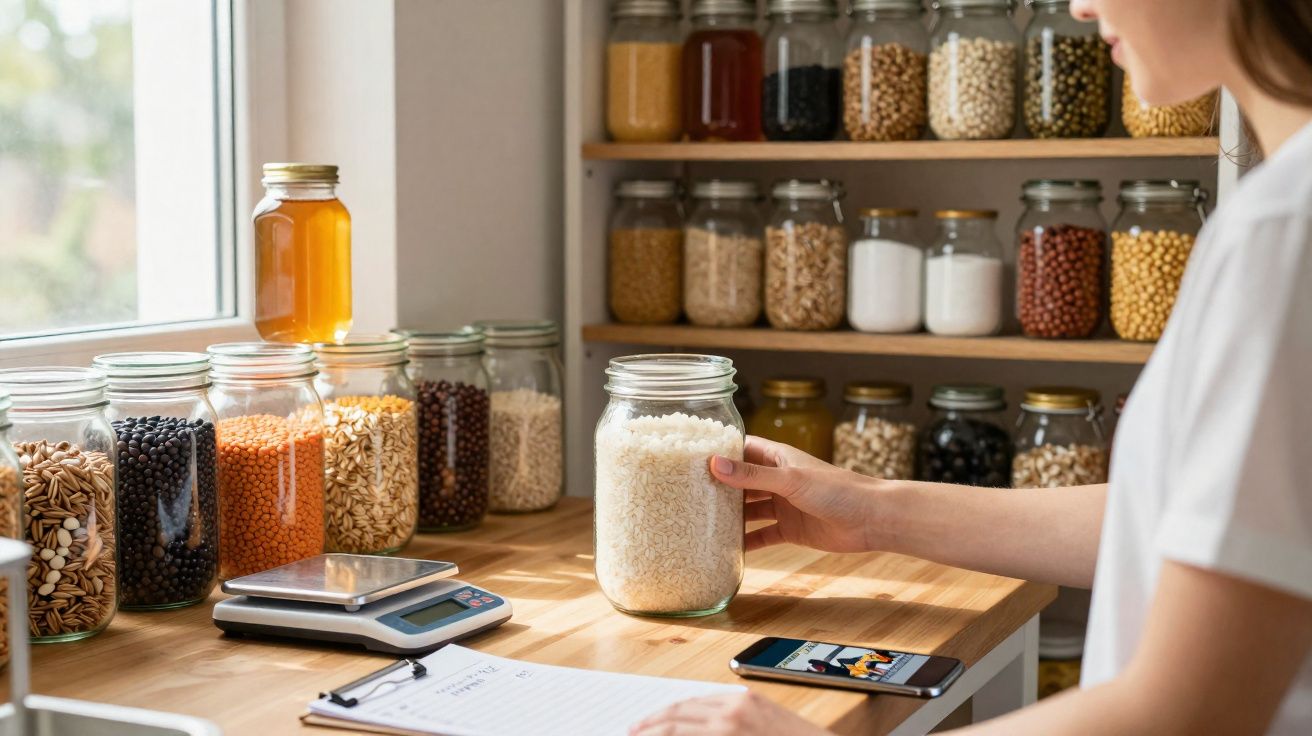 Pessoa a segurar um frasco de vidro com arroz numa despensa organizada com vários frascos de alimentos secos.