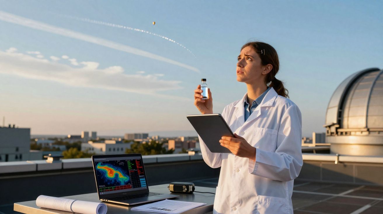 Cientista em bata branca com tablet observa lançamento de objeto no céu numa cobertura com equipamento científico.