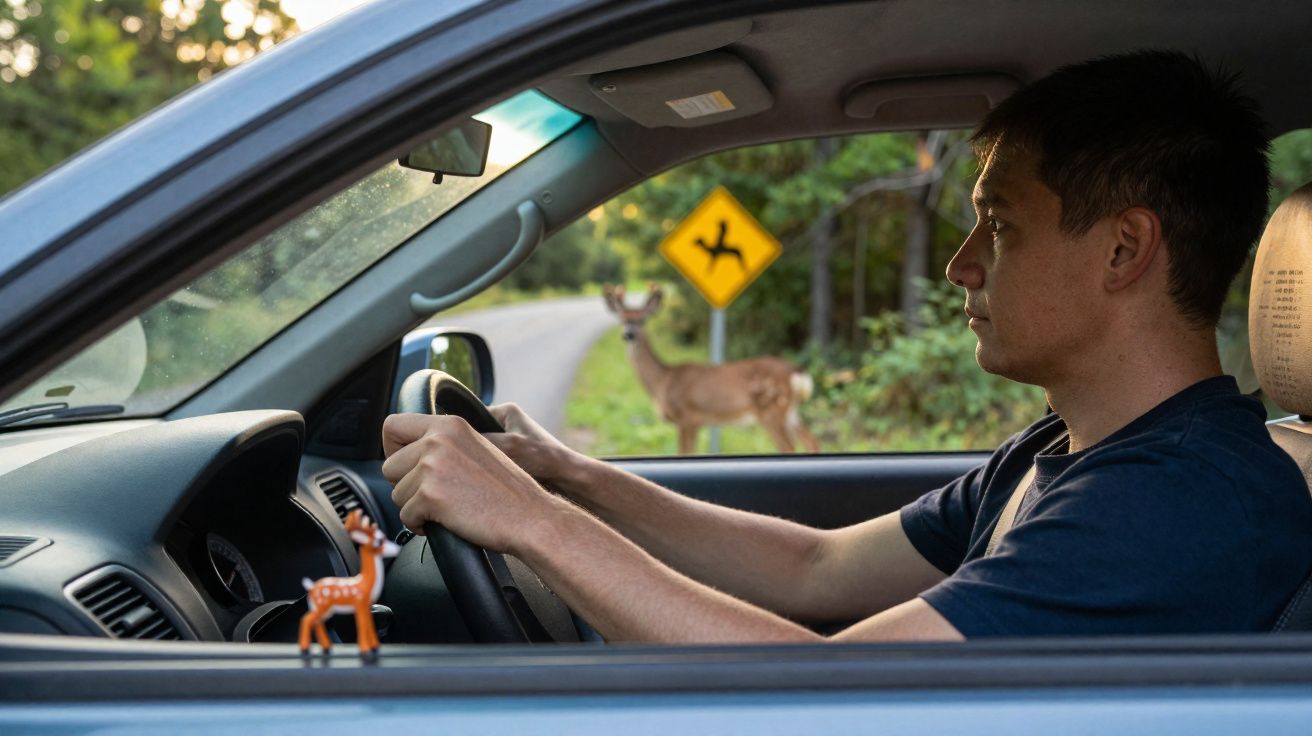 Homem a conduzir carro observando veado na berma da estrada com sinal de passagem de animais selvagens.