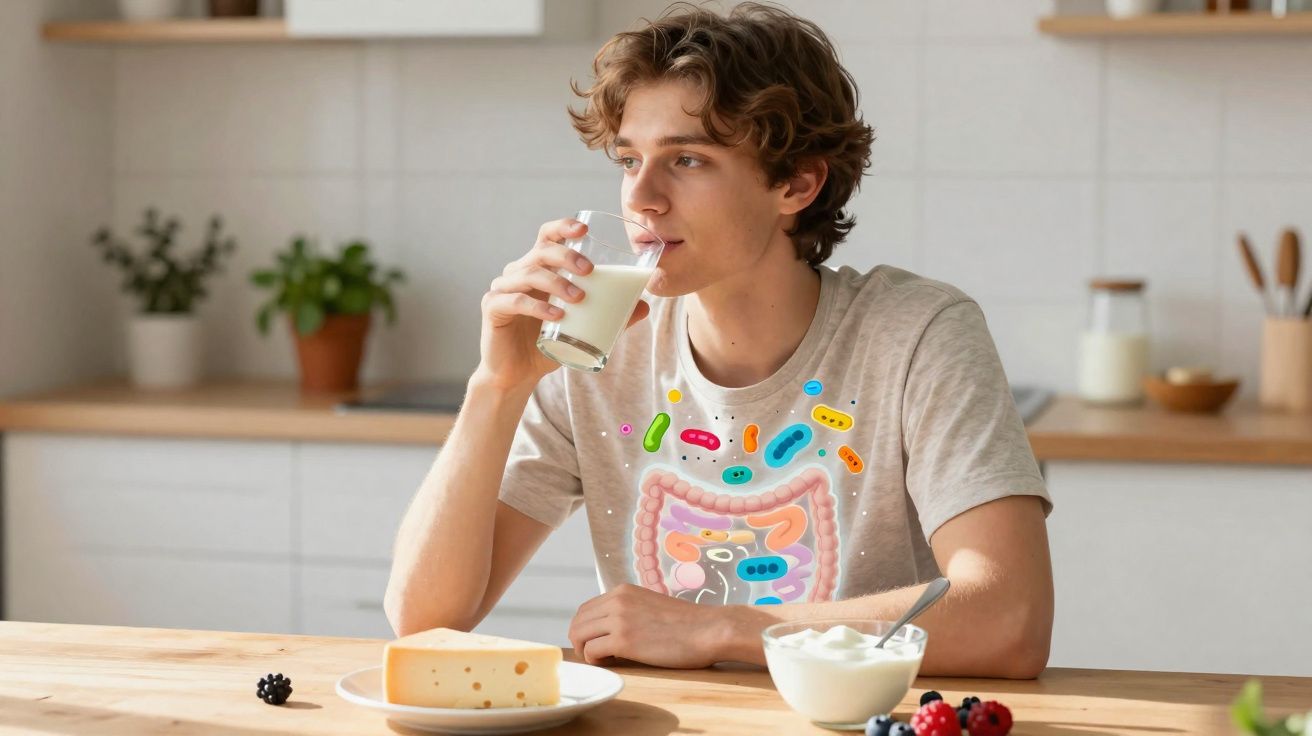 Jovem a beber leite numa cozinha, com ilustração de microbiota intestinal sobreposta.