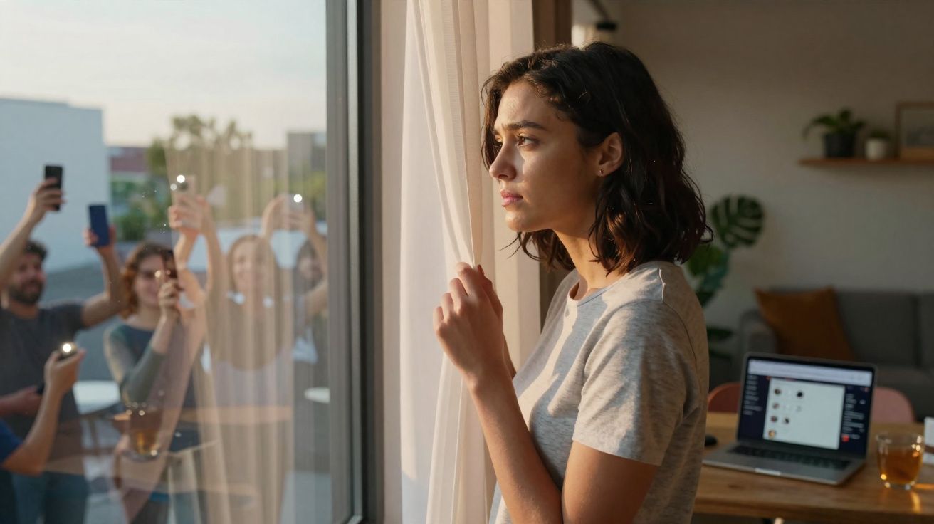 Mulher olha pensativa pela janela enquanto grupo de pessoas tira fotos do lado de fora numa tarde ensolarada.