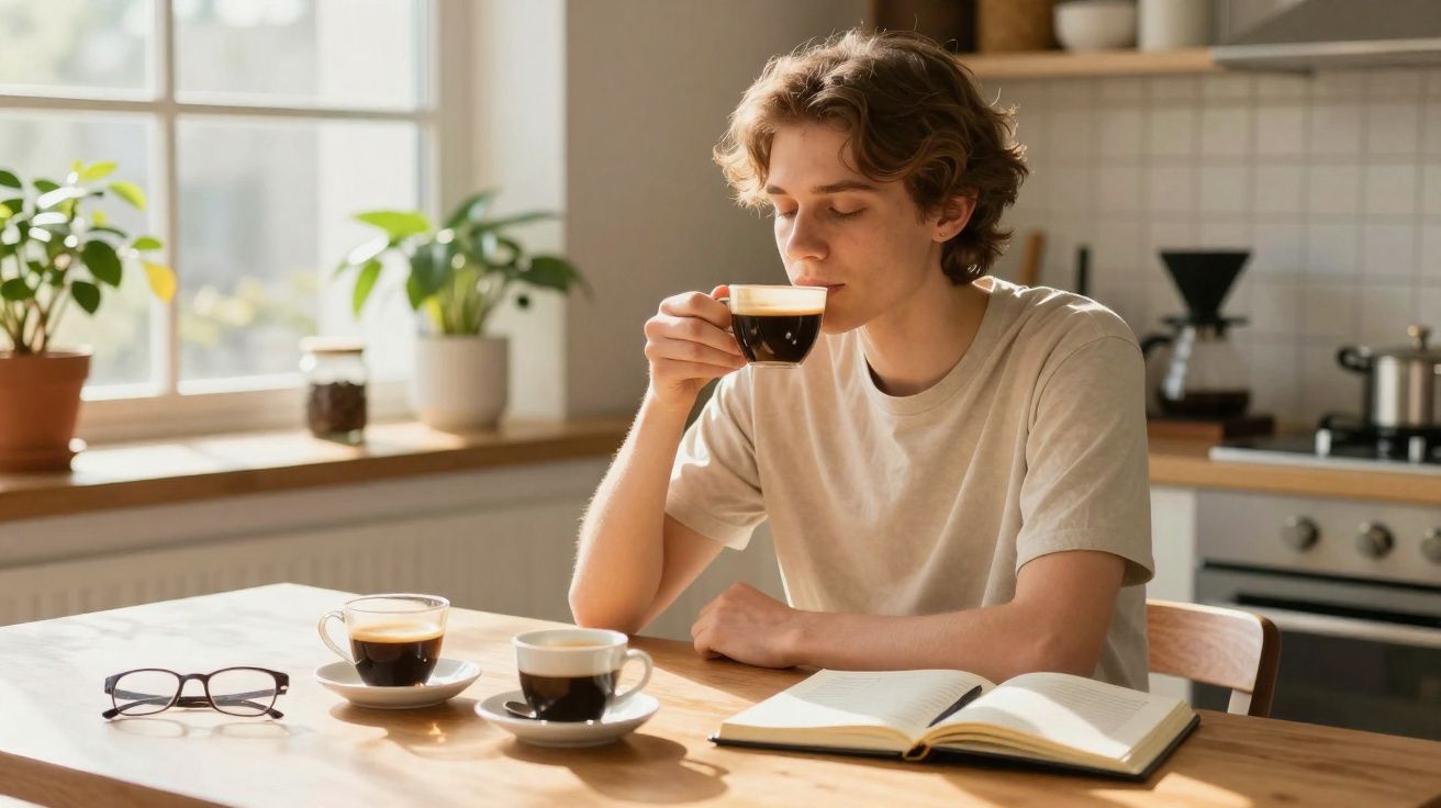 Pessoa sentada a apreciar café enquanto lê um livro numa cozinha luminosa e acolhedora.