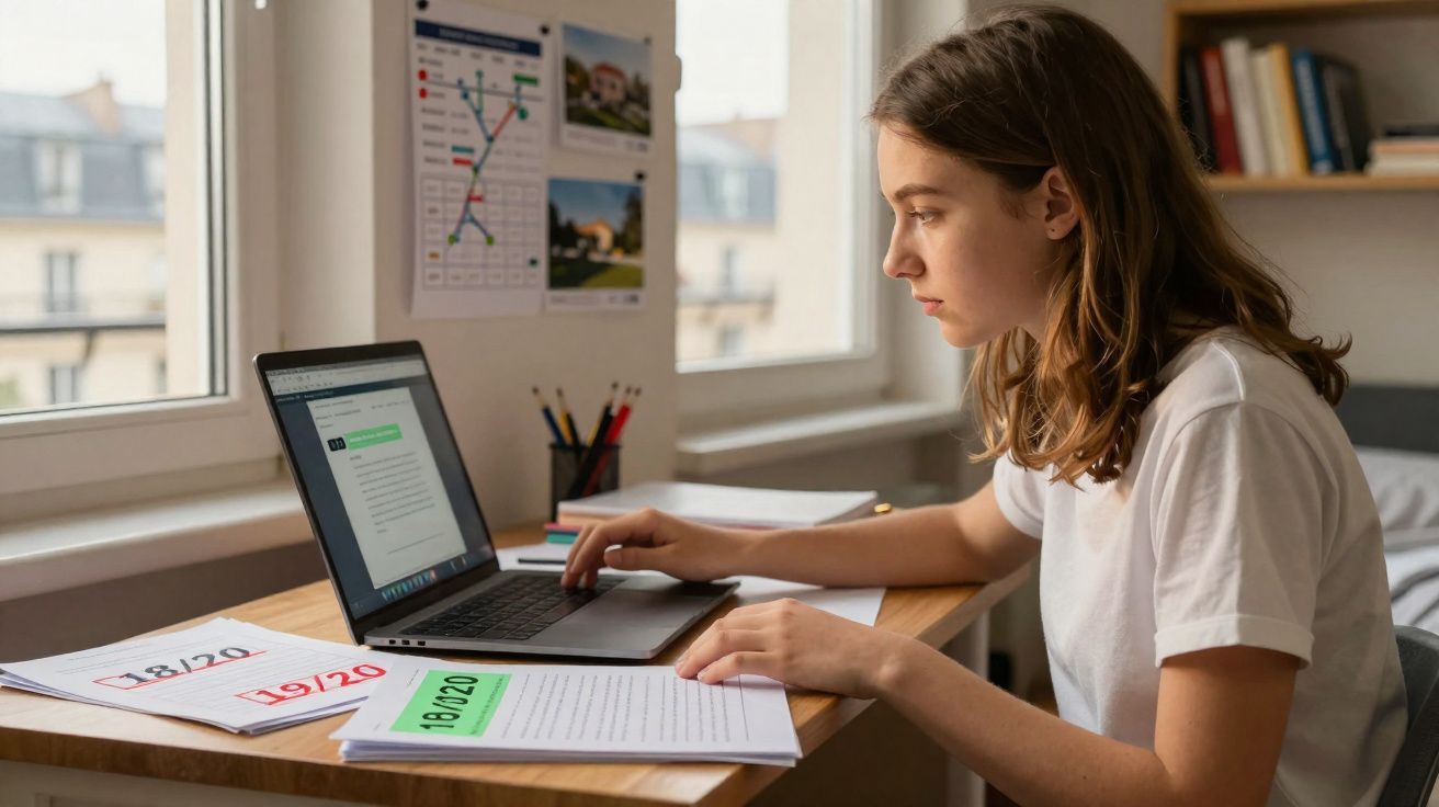 Jovem sentada numa secretária a estudar com portátil e testes com notas destacadas sobre a mesa.