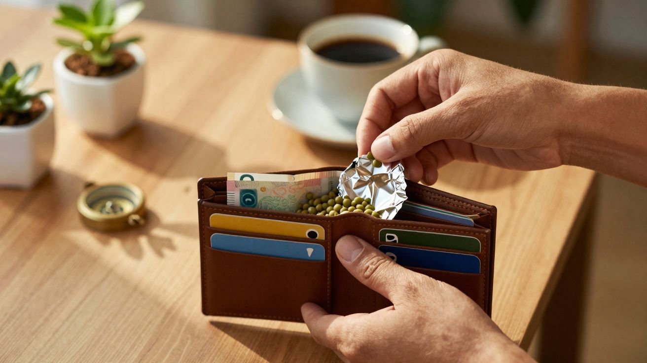 Pessoa a colocar comprimidos numa carteira de couro junto a uma mesa com café e plantas pequenas.