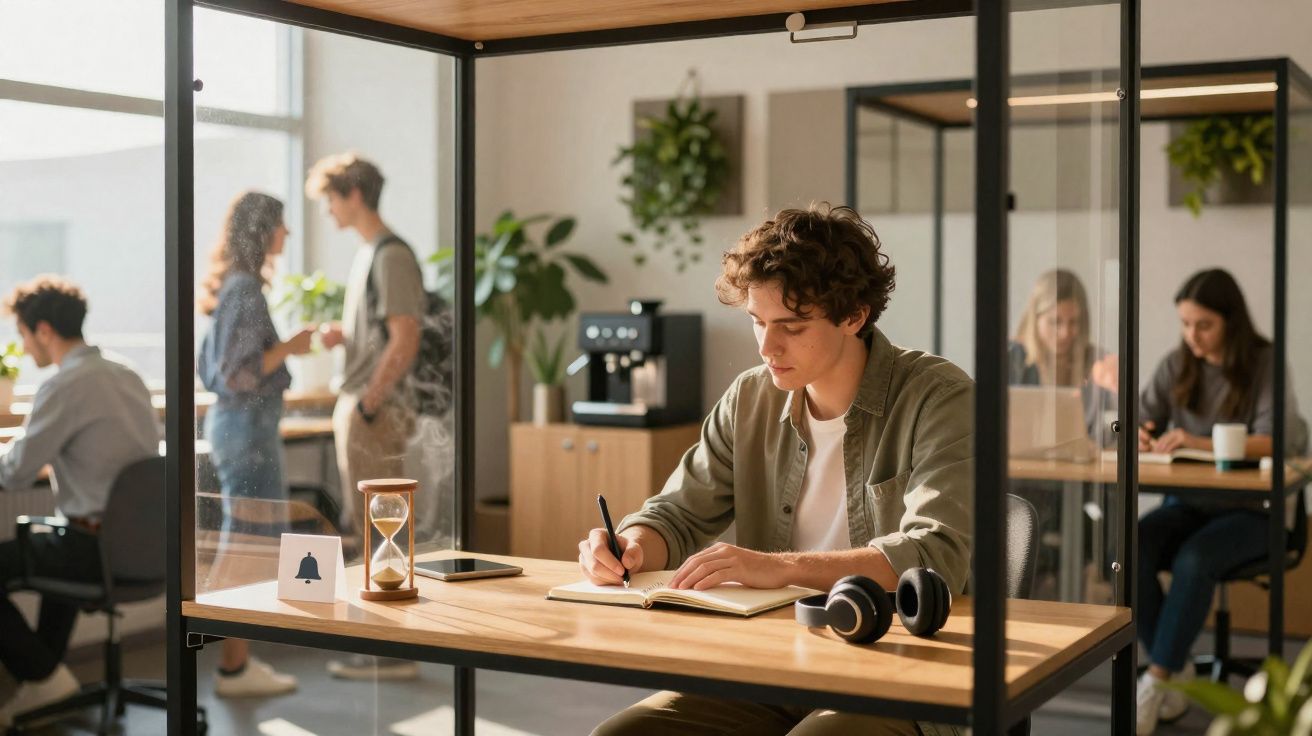 Jovem a escrever num caderno numa mesa com divisórias de vidro num espaço de coworking moderno.
