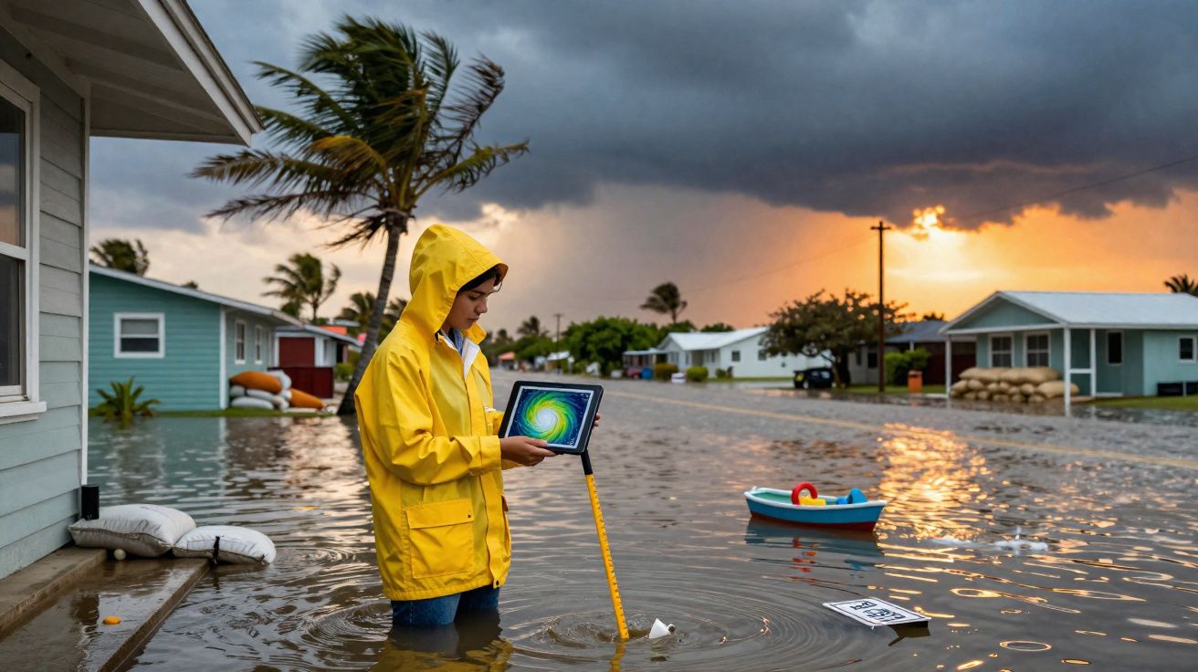 Pessoa de impermeável amarelo mede água de inundação em rua residencial com céu nublado ao pôr do sol.