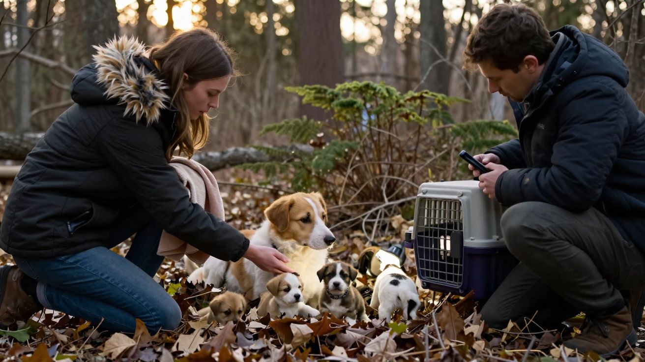 Casal com casacos quentes cuida de uma cadela e seus cachorros num bosque com folhas secas no chão.