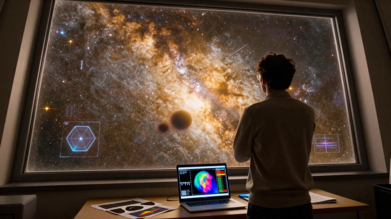 Pessoa a observar galáxia iluminada em grande janela, com laptop e gráficos numa mesa em primeiro plano.