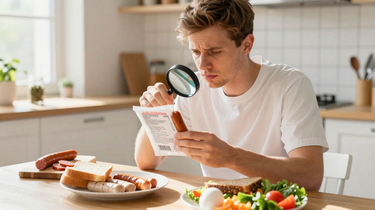Homem com camisa branca lê rótulo de salsicha com lupa na cozinha, com alimentos à sua frente.