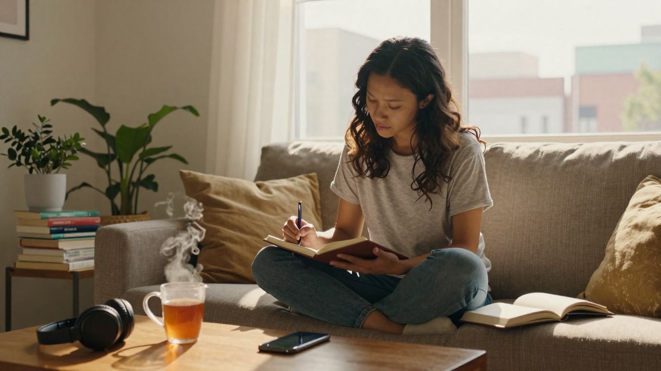 Mulher sentada no sofá a escrever num caderno, com chá quente, auscultadores e livros na mesa de centro.