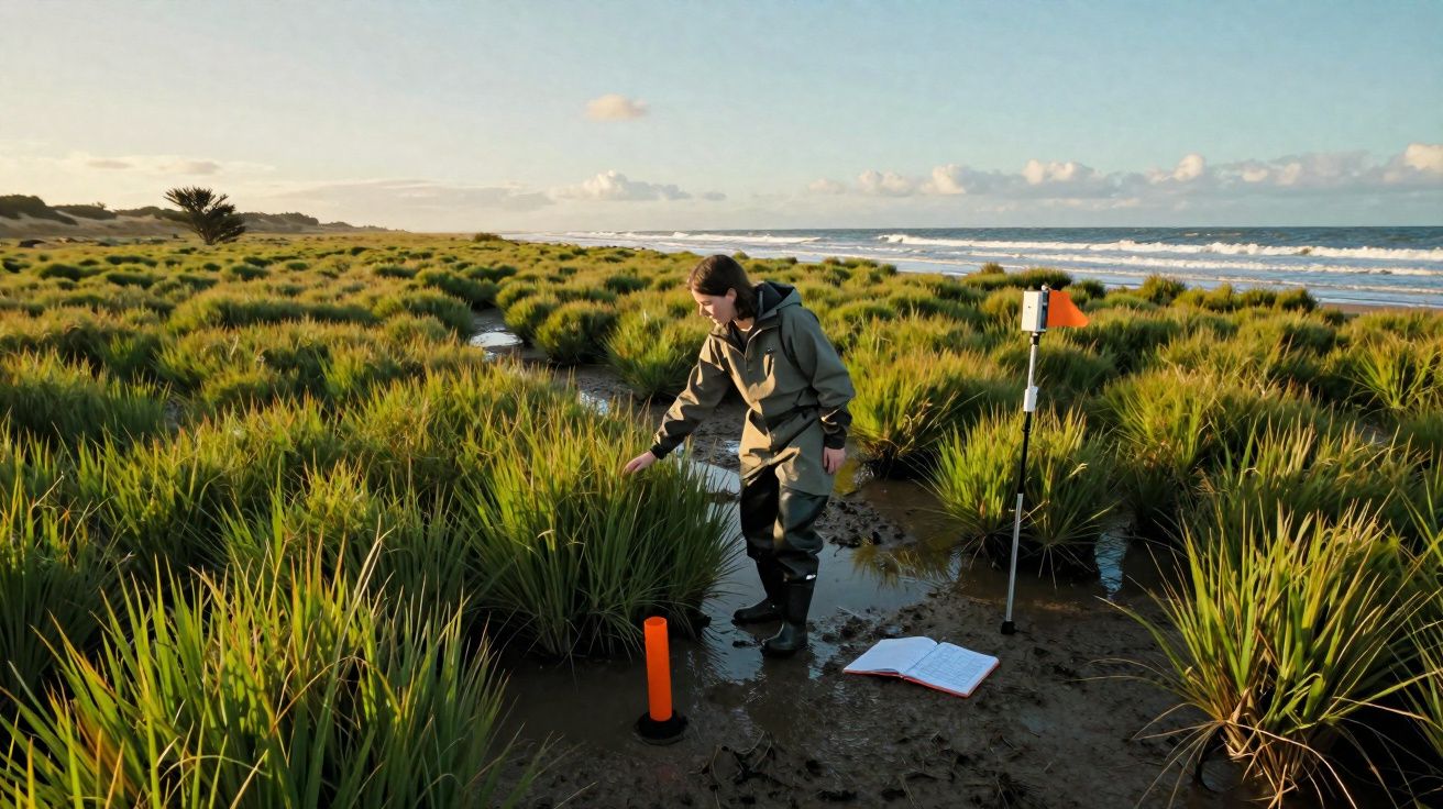 Pessoa em roupa impermeável recolhe amostra em zonas húmidas com vegetação rasteira junto ao mar, durante o dia.