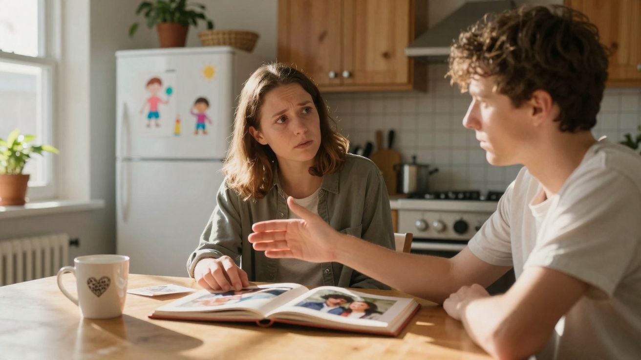 Casal jovem sentado à mesa da cozinha a discutir com um álbum de fotografias aberto e uma caneca à frente.