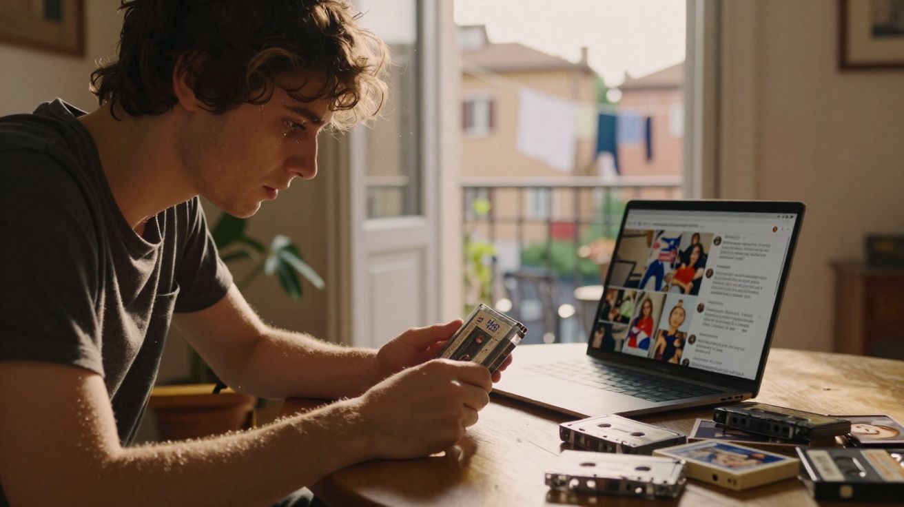 Jovem a segurar fita cassete sentado à mesa com computador portátil e várias cassetes espalhadas à frente.