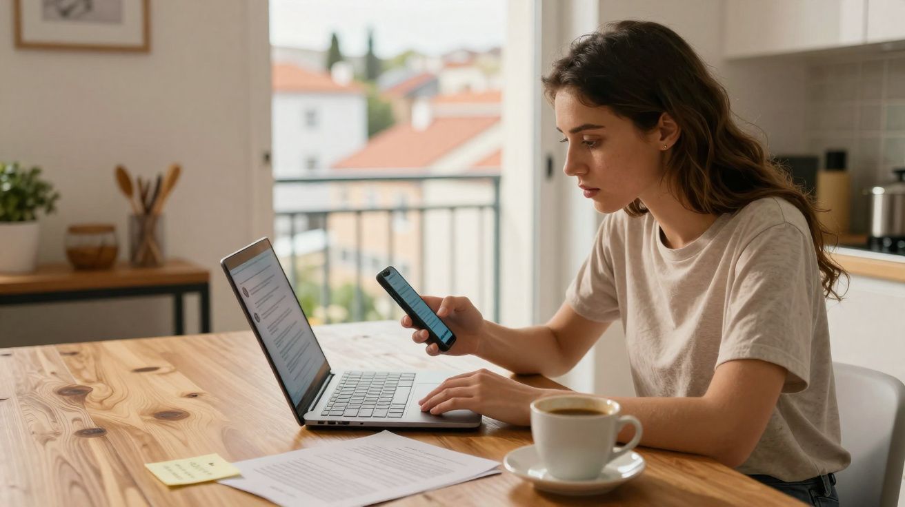 Jovem mulher a trabalhar em teletrabalho com computador portátil e telemóvel numa cozinha luminosa.