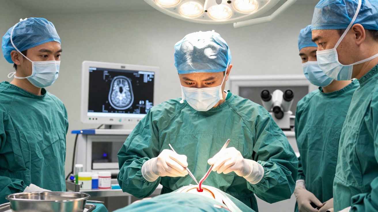 Equipe médica a realizar cirurgia cerebral em sala de operação com monitorização por imagens médicas.