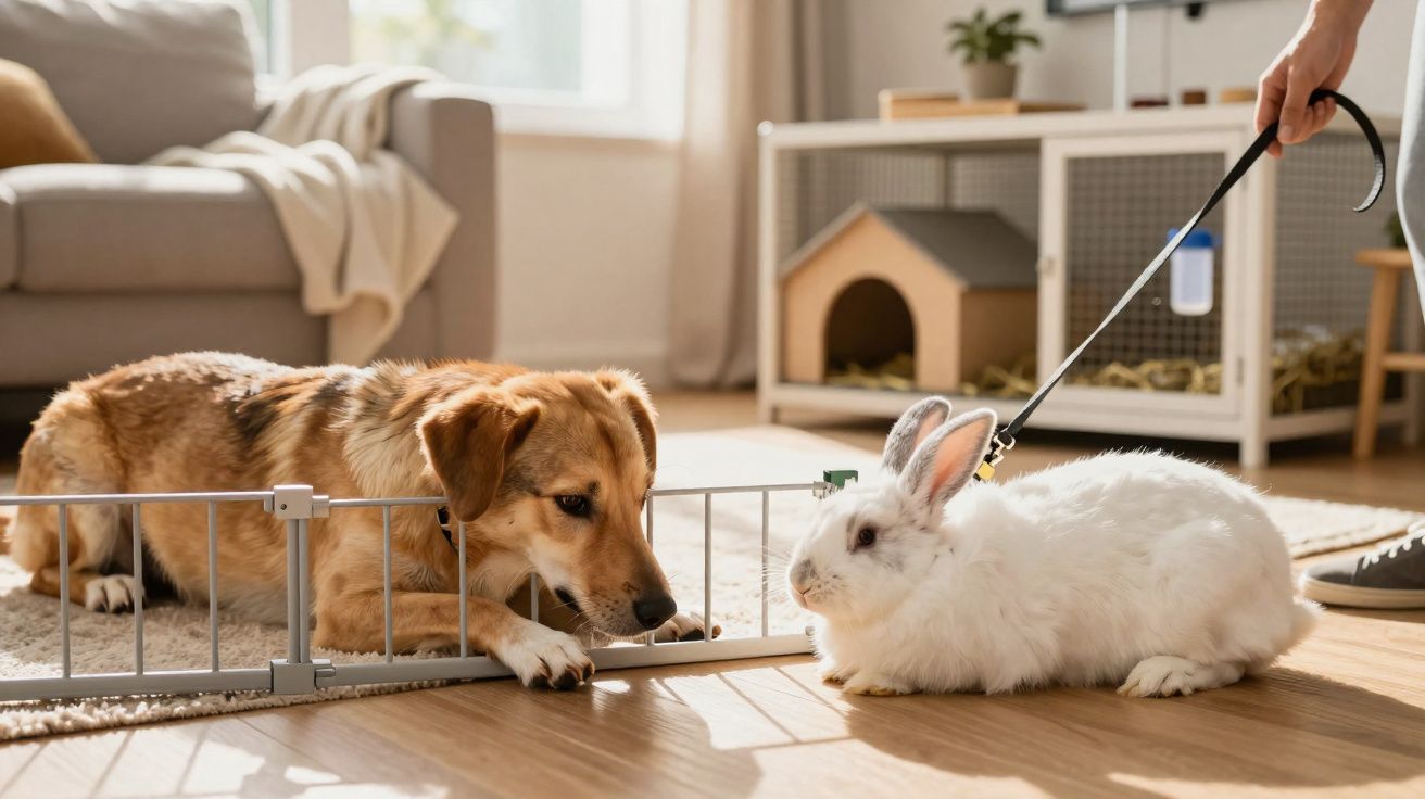Cão curioso observa coelho branco com trela numa sala iluminada, com móveis e arranhador de fundo.