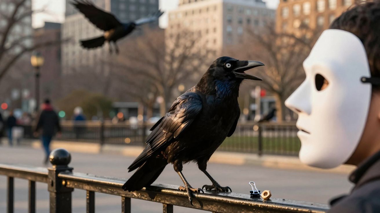 Pombo preto em grade metálica perto de pessoa com máscara branca numa área urbana com edifícios ao fundo.