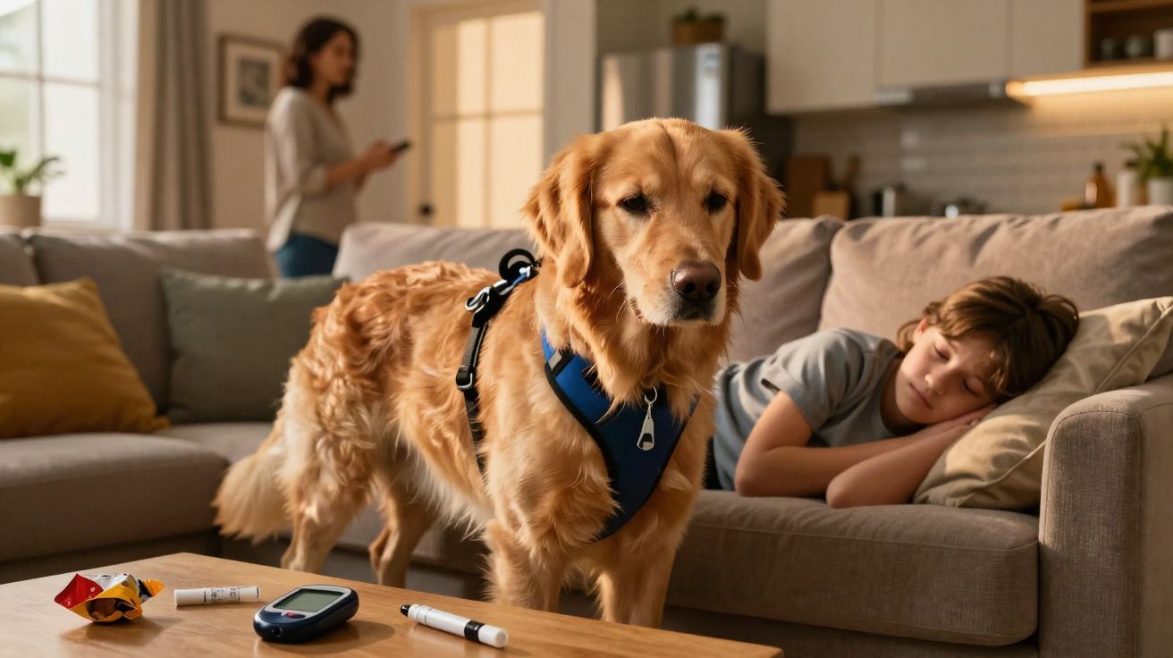 Cão guia com arnês azul junto a criança a dormir no sofá, com mulher ao fundo numa sala.