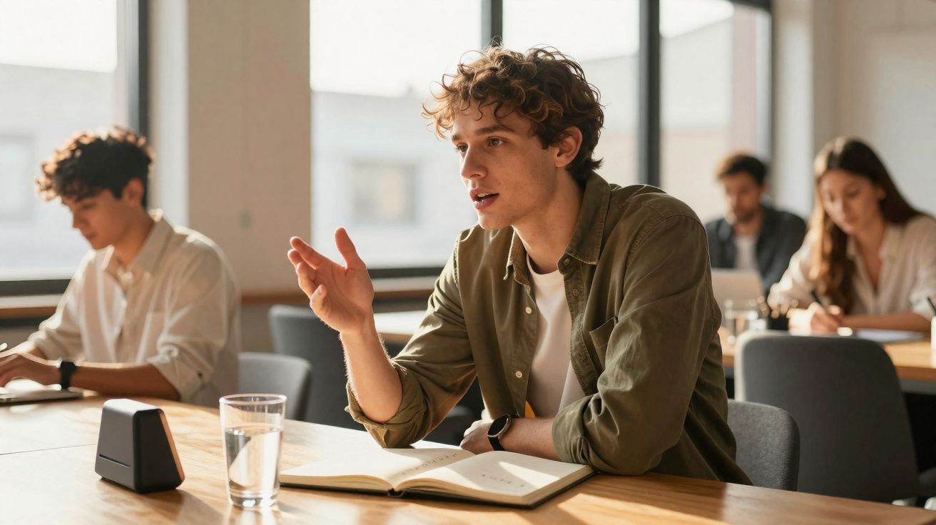 Jovem a discutir ideias numa reunião, sentado à mesa com caderno aberto e copo de água à frente.