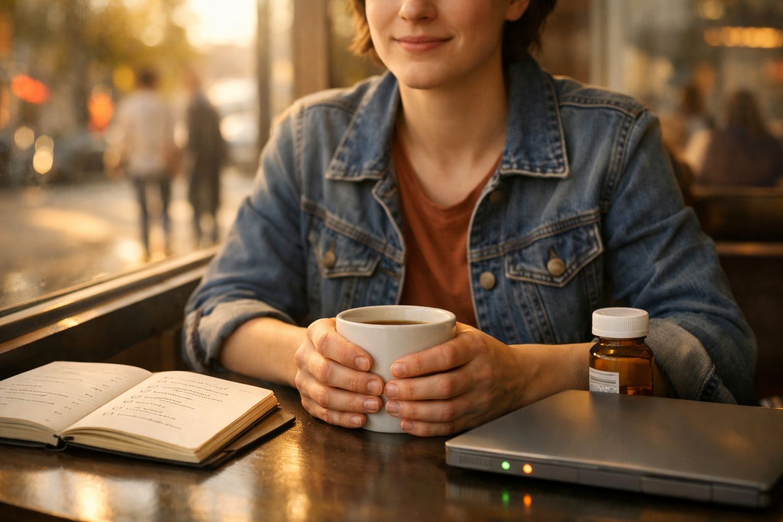 Pessoa segurando uma chávena de café sentada numa mesa com livro aberto, frasco de medicamentos e portátil.