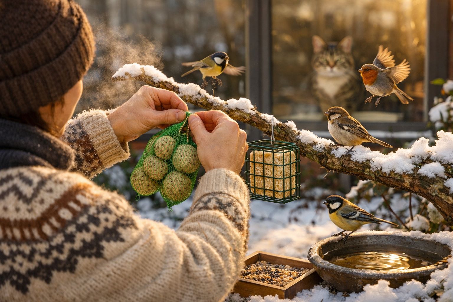 Pessoa a alimentar pássaros no inverno, com neve e gato a observar pela janela ao fundo.