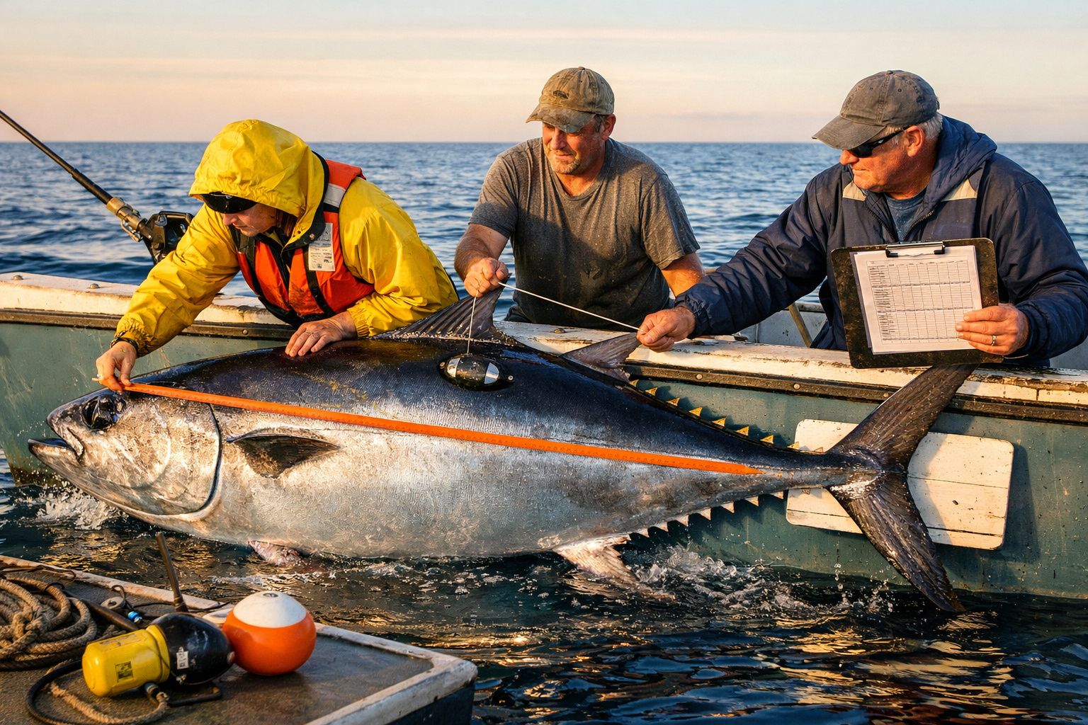 Três pescadores medem um atum gigante numa pequena embarcação ao pôr do sol no mar.