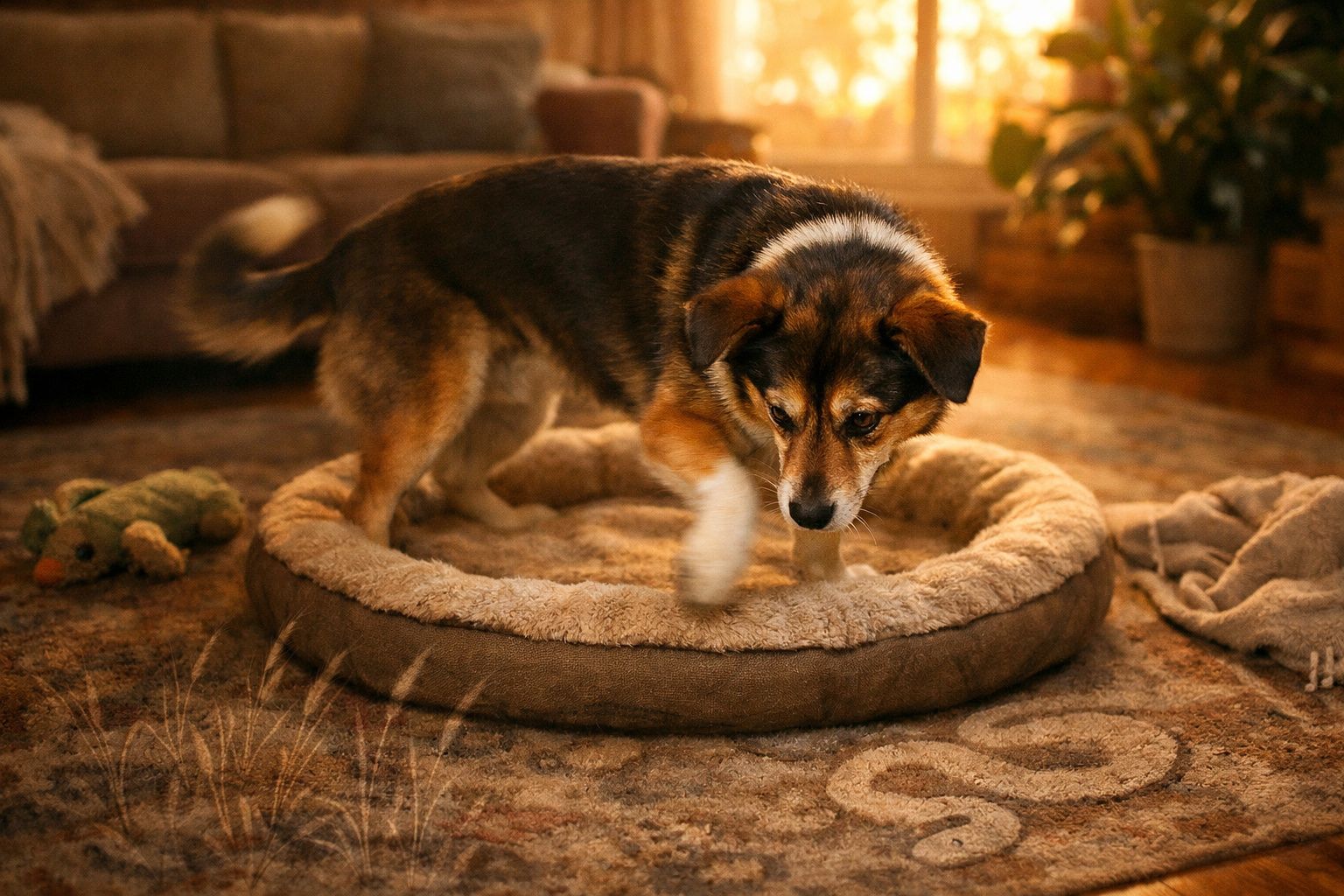 Cão pequeno a mexer-se numa cama redonda felpuda numa sala acolhedora com iluminação amarela suave.