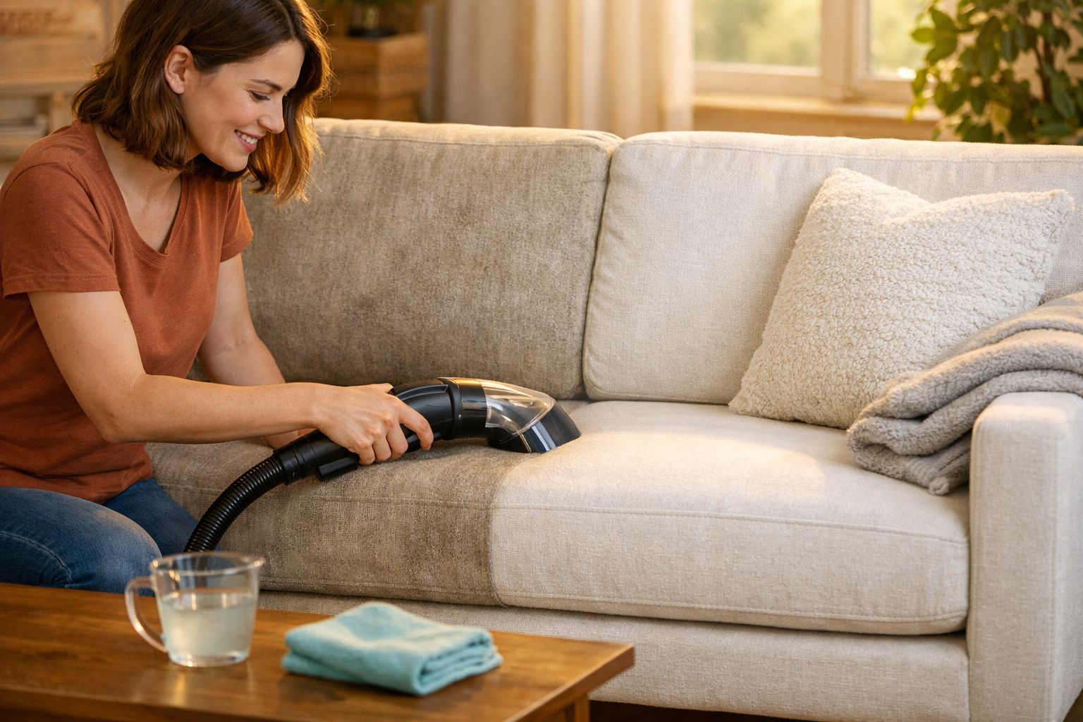 Mulher a aspirar sofá bege com aspirador de mão num ambiente doméstico iluminado.