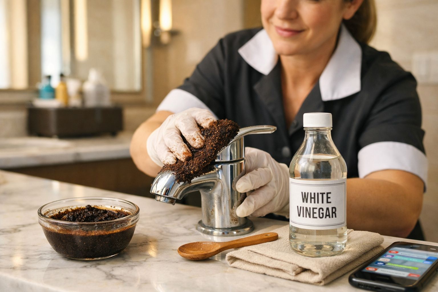 Mulher a limpar torneira com mistura caseira de vinagre branco e borra de café, usando luvas brancas.