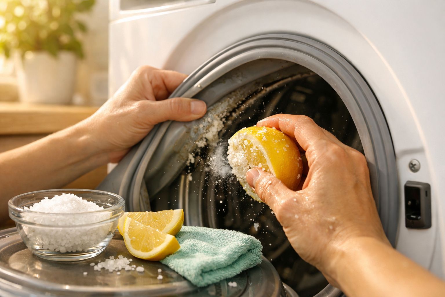 Mãos a esfregar um limão com sal grosso na vedação de uma máquina de lavar roupa para limpeza.