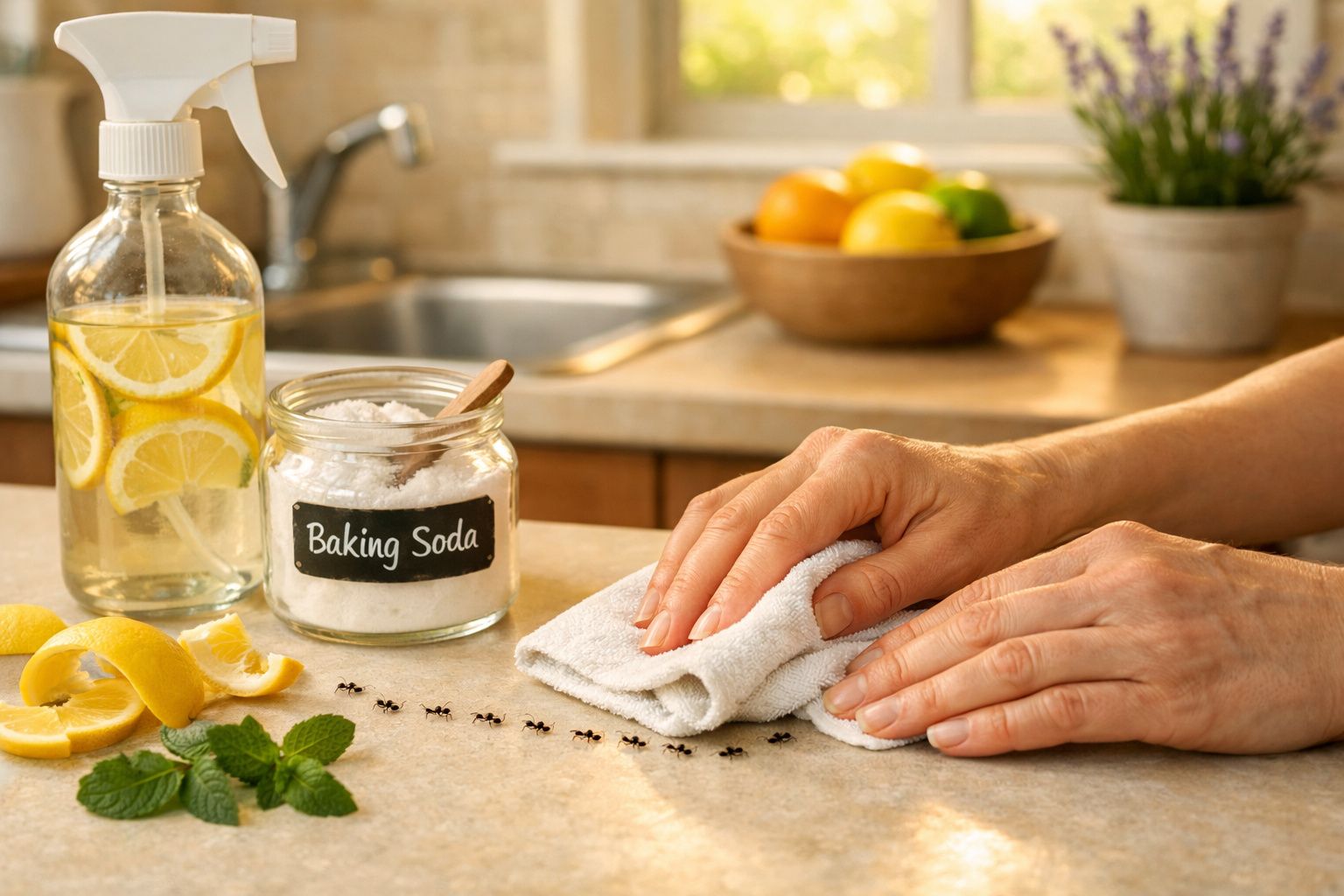 Mãos a limpar formigas numa bancada de cozinha com bicarbonato, limão e spray caseiro visíveis.