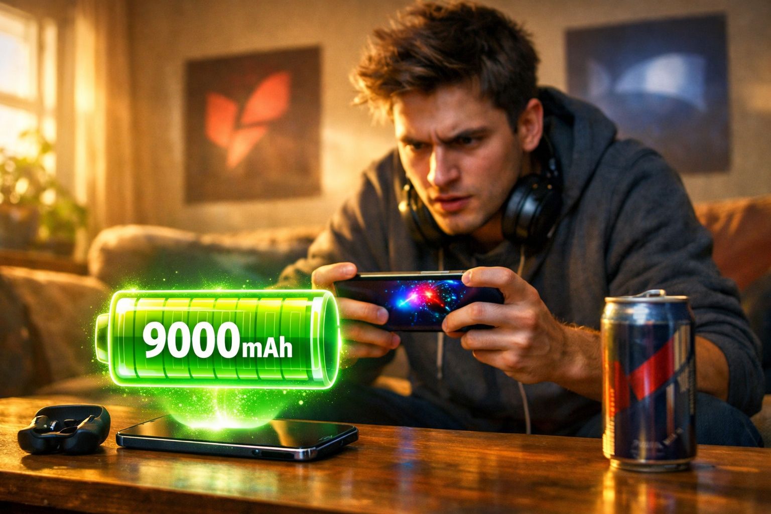 Homem com auscultadores joga no telemóvel concentrado, com ícone de bateria 9000mAh flutuante na mesa.