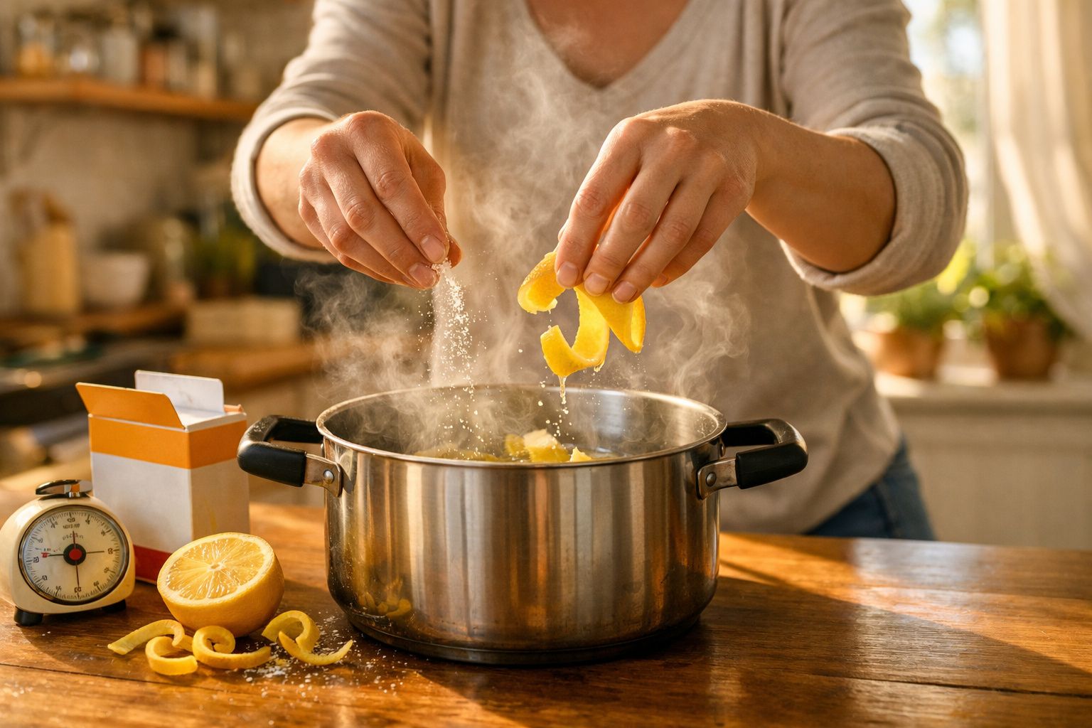 Pessoa a cozinhar, adicionando cascas de limão e temperos numa panela com vapor na cozinha.