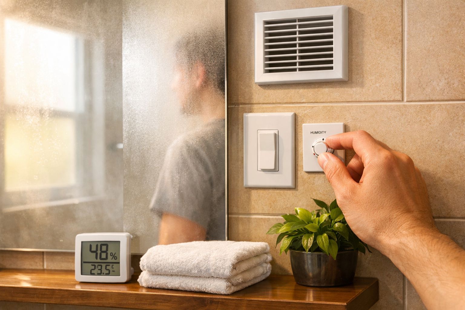 Mão ajusta controlo de humidade numa casa de banho com toalhas, planta e termómetro a 48% de humidade.