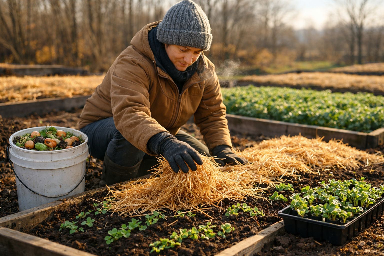 Pessoa a cultivar uma horta, a colocar palha sobre as plantas para proteger o solo e as mudas jovens.